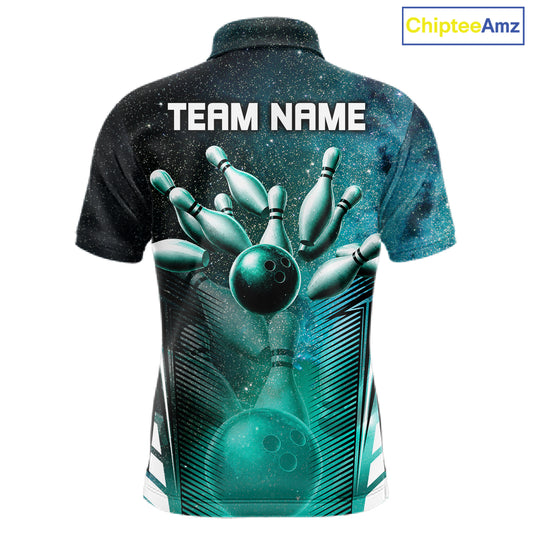 Turquoise Galaxy Bowling Ball Shirt For Men Custom Team Polo Quarter-Zip Bowling Jersey NYN3726
