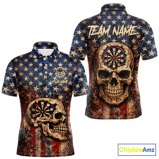 US Flag Retro Cracked Skull Dartboard Men Darts Polo Shirt Custom Patriotic Vintage Dart Shirt NYN2660