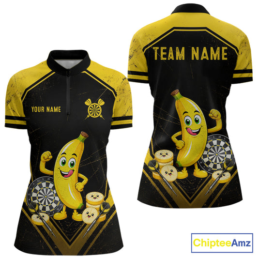 Funny Banana Mascot Black And Yellow Darts Jersey For Women Custom Polo & 1/4 Zip Darts Team Shirts NYN3206