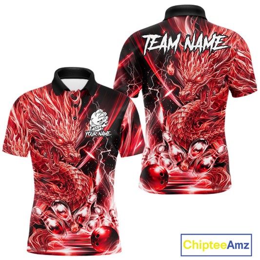 Men's thunder lightning red dragon bowling polo shirt mockup custom bowling team jersey