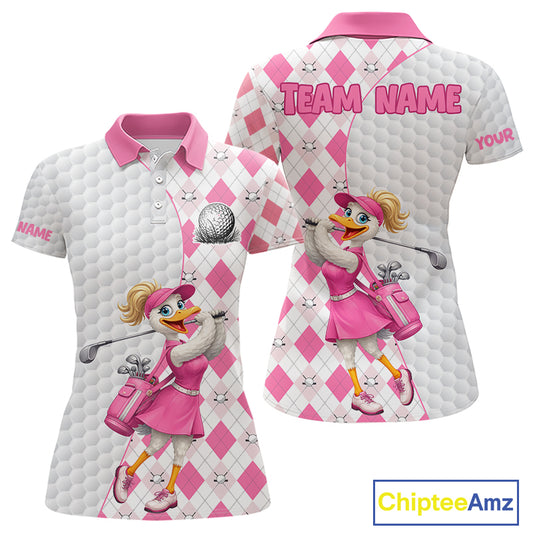 Custom Pink Argyle Golf Polo Shirts For Women Funny Duck Golfer Best Golf Clothing Shirts NYN3055