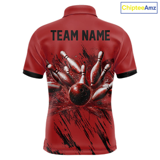 Retro Red Argyle Bowling Polo with personalized bowling team name, retro sportswear, classic bowling apparel, league uniform.
