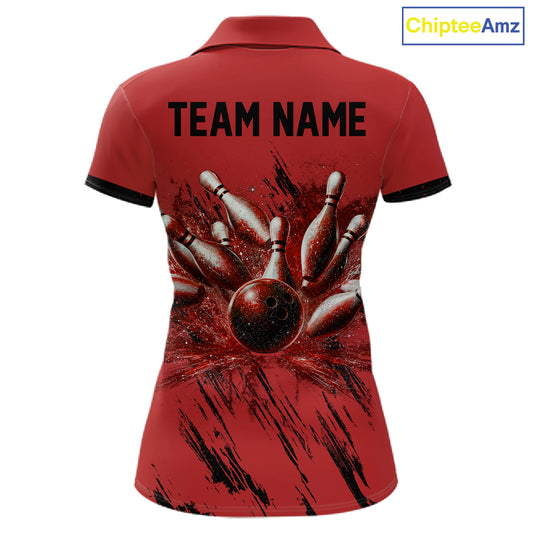 Woman wearing Retro Red Argyle Bowling Polo Shirt featuring classic red argyle pattern, custom bowling team polo, vintage tournament apparel, breathable performance fabric.