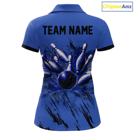 Woman wearing Retro Blue Argyle Bowling Polo Shirt with personalized bowling team design, classic blue argyle pattern, breathable performance polo, retro sportswear.