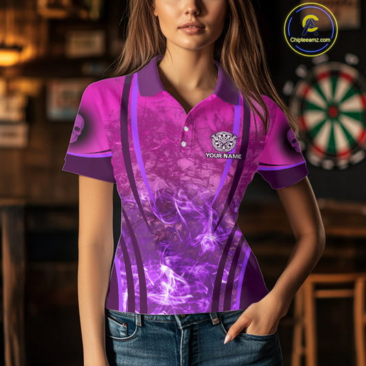 Purple Skull & Flame Darts Women's Darts Polo Shirt Custom Name For Players NYN0750