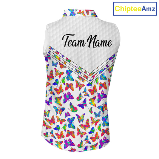 Butterfly Womens White Pattern Golf Sleeveless Polo Shirt Custom Name Floral Colorful Watercolor Golf Shirts NYN2846