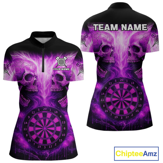 Electric Purple Skulls & Dartboard Darts Shirt For Women - Custom Dart Player Jersey NYN0539