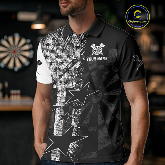 US Flag Grunge Star Dartboard Men's Darts Polo Shirt - Custom Name For Players NYN0756