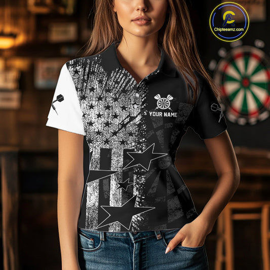 US Flag Grunge Star Dartboard Women's Darts Polo Shirt - Custom Name For Players NYN0756
