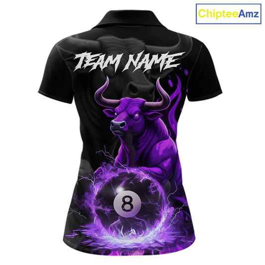 Black & Purple Flames Pool 8 Ball Women's Billiard Team Shirt Custom Funny Bull Billiard Attire NYN2502