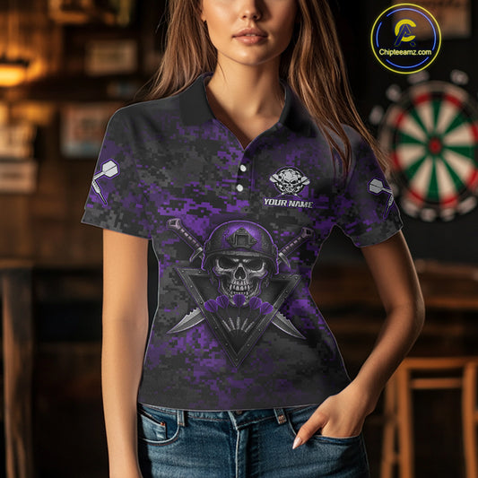Skull Warrior Purple Digital Camo Custom Funny Darts Polo Shirt For Women Dart Jerseys NYN1952