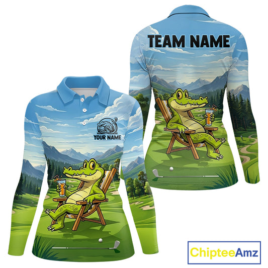 Funny Crocodile Golf Course Golf Polo Shirts For Women Personalized Team Name Golf Attire NYN3250