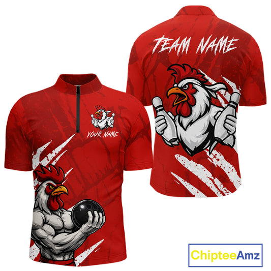 Custom White And Red Funny Rooster Bowling Polo & 1/4-Zip Team Shirts For Men Bowling Gifts NYN2721