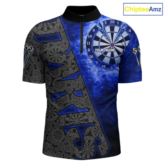 Custom Mens Dart Polo & Quarter Zip Shirt Pattern Dartboard Blue Flames Darts Team Jersey NYN2867