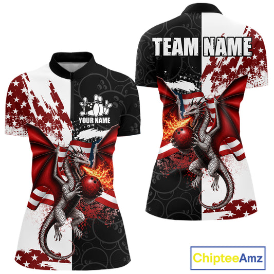 US Flag Women Bowling Shirt Custom Patriotic Dragon Flame Bowling Quarter-Zip Jersey
