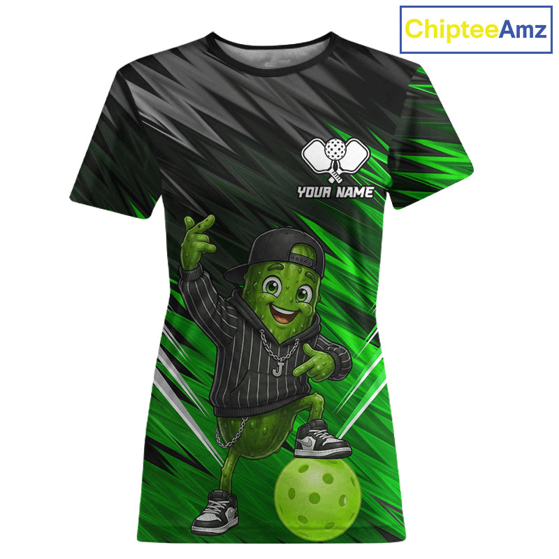 Green & Black Funny Pickle Hip-Hop Women's Pickleball T-Shirt, Personalized Funny Pickle Shirt, Hip-Hop Sports Apparel, Streetwear Athletic Tee