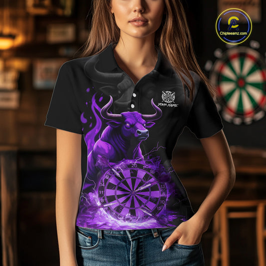 Purple Funny Bull Fire Flame Dartboard Custom Women Darts Polo League Shirts Dart Jerseys NYN2243