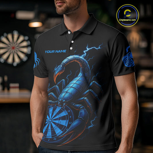 Custom Lightning Blue And Black Scorpion Dart Polo Shirt For Men Outfits Dart Team Jersey NYN1496