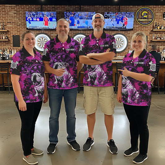 Custom Purple Splash Funny Bulldog Men Darts Quarter-Zip League Shirts Splatter Dart Team Jerseys NYN2254