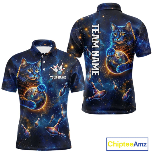 Custom Galaxy Blue Funny Cat Bowling Team Shirt Bowling Jersey Polo & 1/4 Zip Bowling Unisex For Men NYN3123