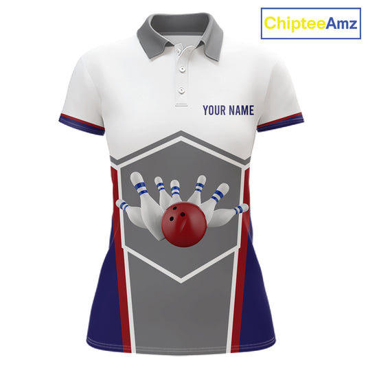 Red, Blue And Gray Bowling Pin Jerseys For Women Custom Bowling Polo 1/4-Zip Shirt, Gift For Bowlers NYN3125