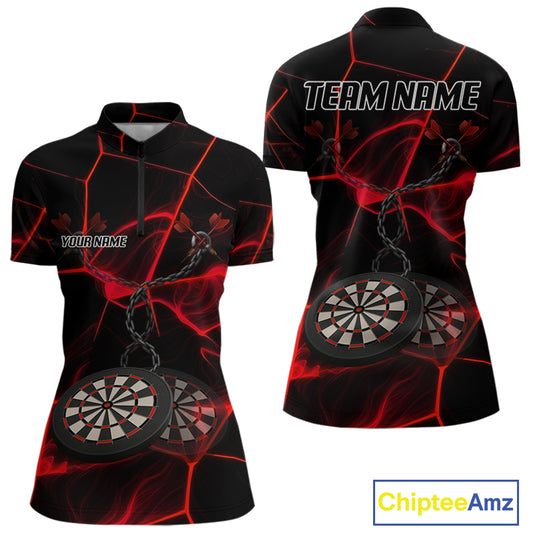 Flame Dartboard & Chains Darts Shirt For Women - Custom Name & Team Jersey | Opt1 - Red NYN0625
