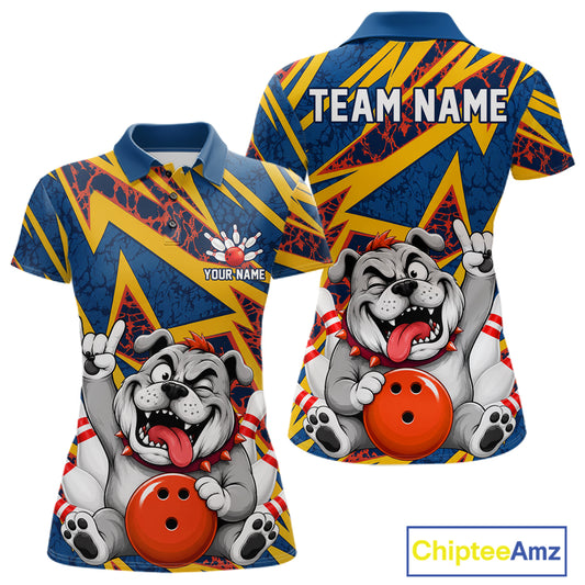 Funny Rock-On Bulldog Women's Bowling Polo Shirt, Personalized Bulldog Bowling Team Jersey, Dog Lover Bowling Apparel, League Performance Polo, Loyalty Theme