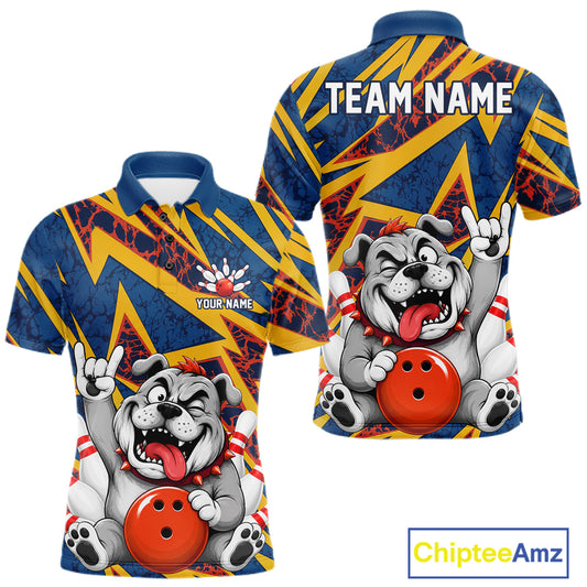 Funny Rock-On Bulldog Men's Bowling Polo Shirt, Personalized Bulldog Bowling League Jersey, Dog Lover Tournament Apparel