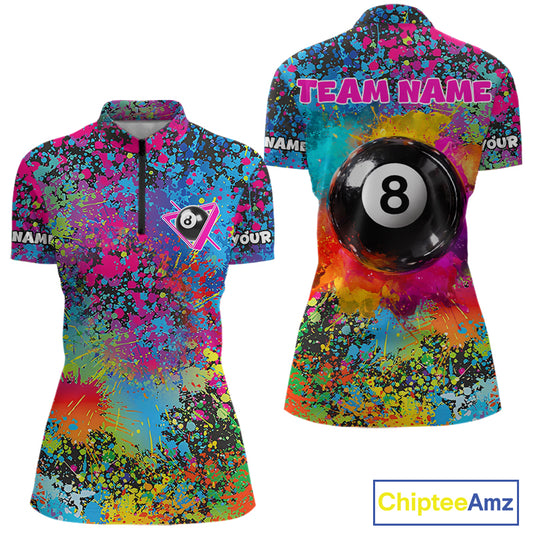 Colorful Splatter 8 Ball Pool Billiard Shirts For Women Custom Name Billiard Team Jerseys NYN2294