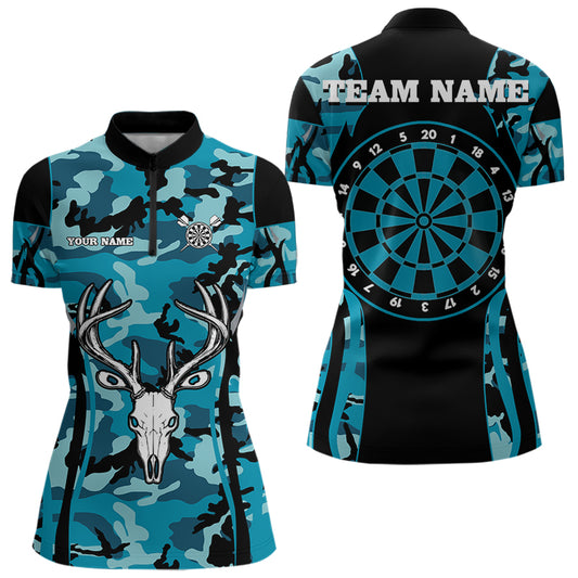 Custom Black And Turquoise Camo Deer Head Dart Shirts For Women Outfits Dart Jerseys NYN0037