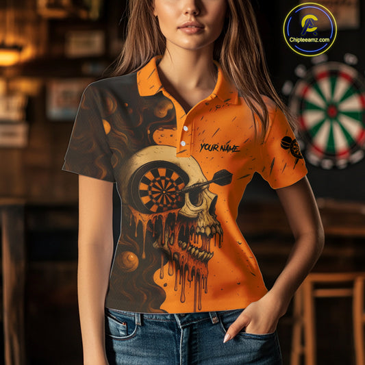 Custom Black Orange Skull Grunge Dart Women Polo Shirt Halloween Dart Team Jerseys NYN1533