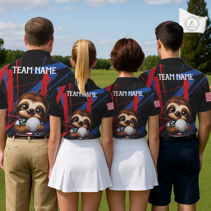 Golf team wearing matching funny sloth golf polos with artistic brush effects for tournaments, golf leagues and team building events.