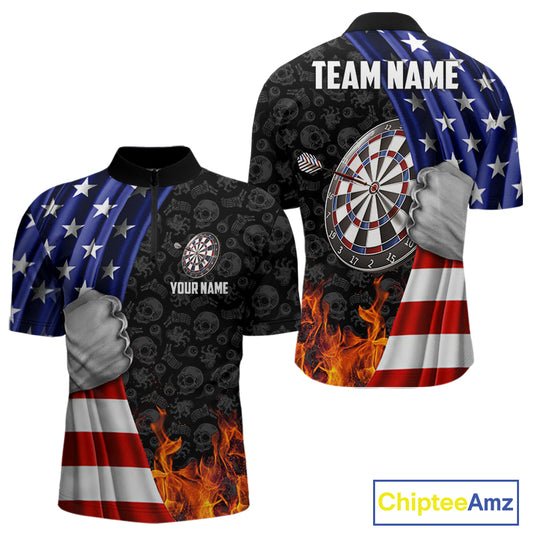 Custom Flame Dartboard Patriotic Dart Shirts For Men American Flag Dart Team Jerseys NYN0047