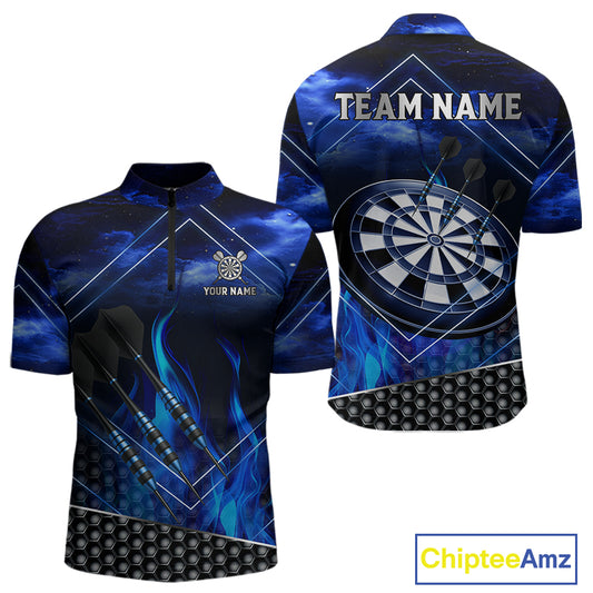 Flaming Dartboard & Dart Arrows Blue Darts Shirt For Men - Custom Name & Team Jersey NYN0668