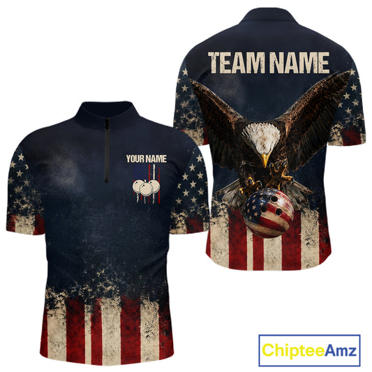 American Flag Grunge Bowling Team Jerseys For Men Custom Eagle Patriot Bowling Polo 1/4-Zip Shirt NYN3168