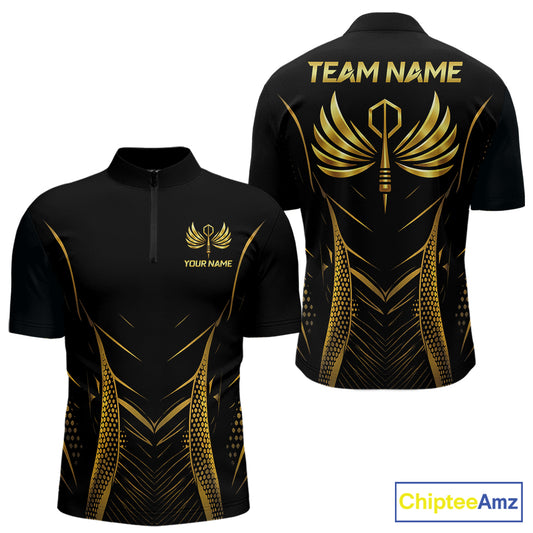 Personalized Black And Gold Wings Dart Arrow Men Darts Quarter-Zip Shirt Custom Dart Team Jersey NYN2619