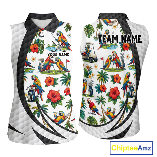 Tropical White And Black Golf Ball Sleeveless Polo Golf Shirts For Women Custom Parrot Golf Attire NYN3175
