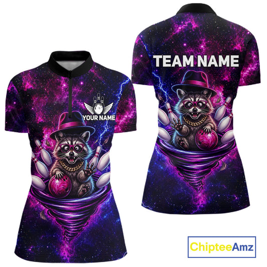 Funny Raccoon Galaxy Tornado Bowling Polo Quarter Zip Shirt For Women Custom Team Jersey