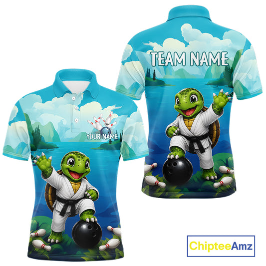 Men's bowling polo featuring funny ocean turtle with bowling graphics, personalized bowling apparel for sea turtle lovers, scuba divers, beach lovers and marine wildlife enthusiasts, symbolizing wisdom, longevity, patience and perseverance.