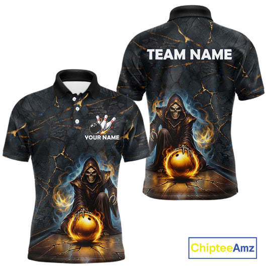 Flame Grim Reaper Custom Men Bowling Polo & Quarter-Zip Shirts Gold Bowling Ball League Jerseys NYN3011