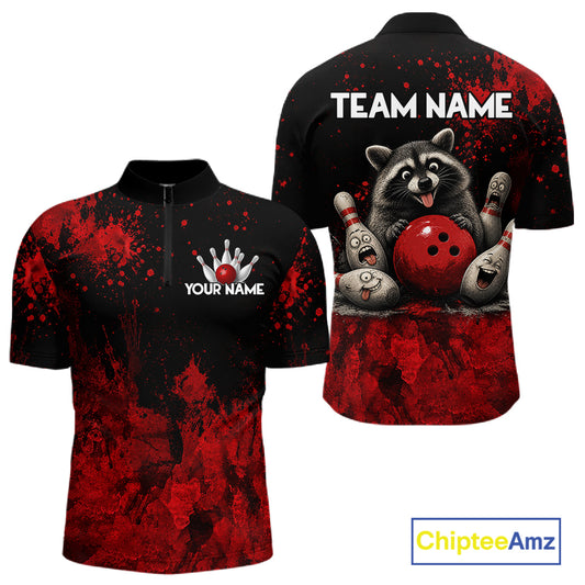Red Splatter Cute Raccoon Men Bowling Shirts Custom Funny Bowling Pins Team Jerseys For Bowlers NYN3197
