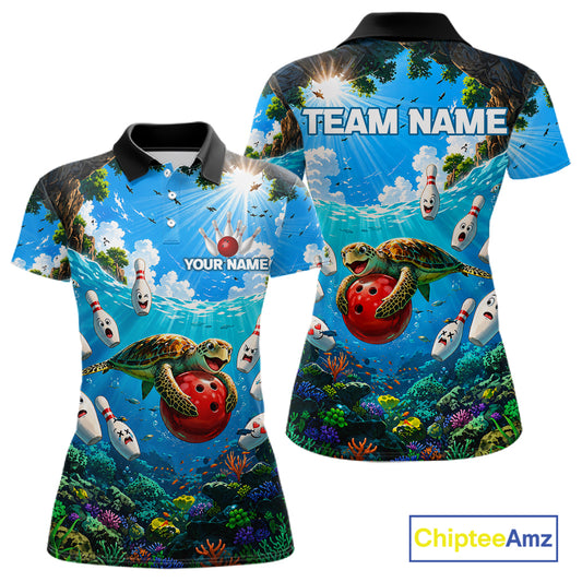 Funny ocean turtle bowling polo shirt for women custom bowling team jersey mockup