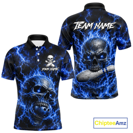 Men's blue skull thunder lightning bowling polo shirt custom bowling jersey mockup