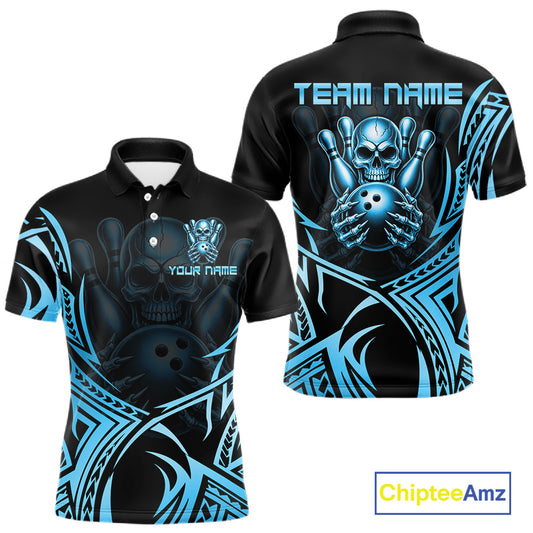 Mens Skull Bowling Shirts Blue Tribal Pattern Custom Skull Bowling Polo Quarter-Zip Team Jersey NYN3756