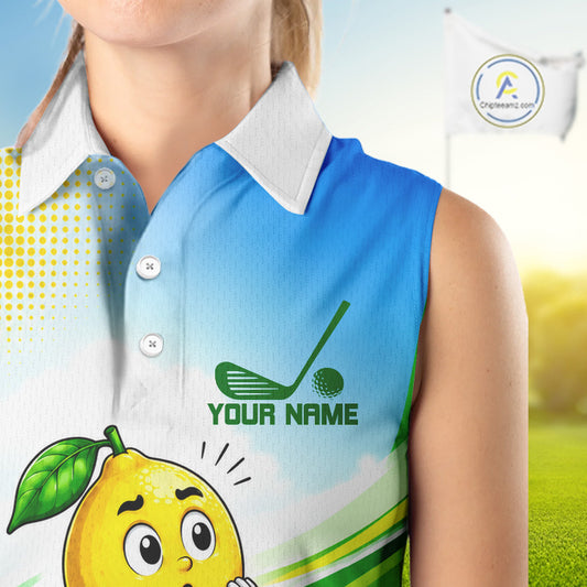 Woman wearing funny lemon golf sleeveless polo shirt during golf tournament
