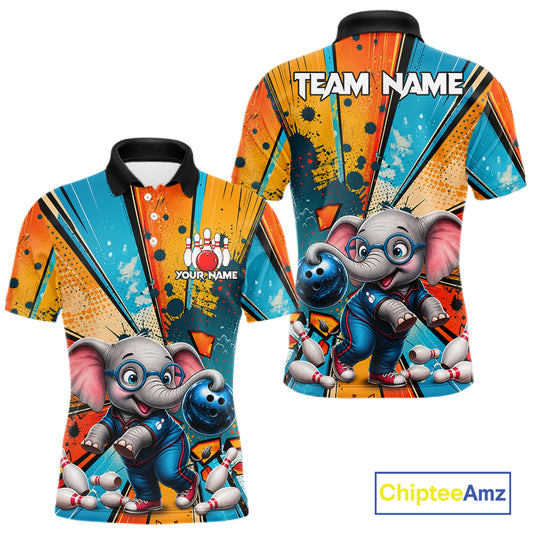 Funny Elephant Cartoon Bowling Polo featuring personalized player name, cute elephant artwork, quick-dry athletic bowling apparel, custom tournament jersey, mascot-inspired sportswear.