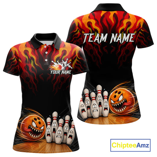 Funny Angry Ball & Pins Women Bowling Shirt Custom Fire Flame Team Bowling Jersey For Bowlers NYN3232