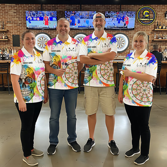 Custom Colorful Splatter Skull Dartboard Women Darts Quarter-Zip Team Shirts Dart Jerseys | White NYN2211