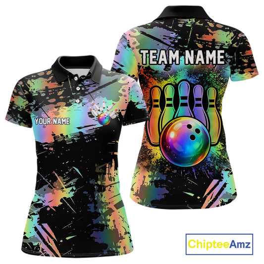 Custom Rainbow Holographic Splatter Bowling Shirts For Women, Colorful Bowling Pin And Ball Jersey NYN3072