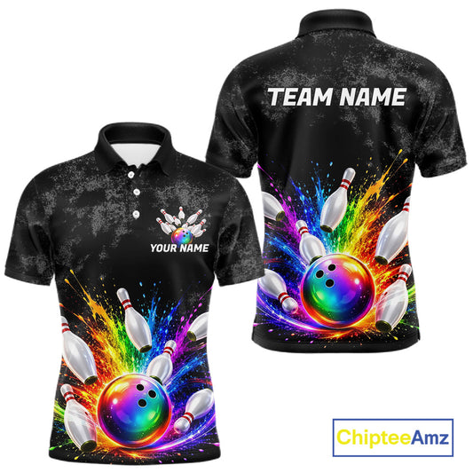 Rainbow Splatter Bowling Ball & Pins Shirt For Men Custom Colorful Paint Bowling Team Outfits NYN3283